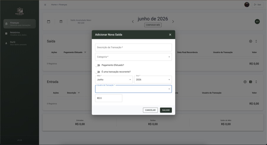 Reactor Core Finances — Gestão financeira compartilhada
